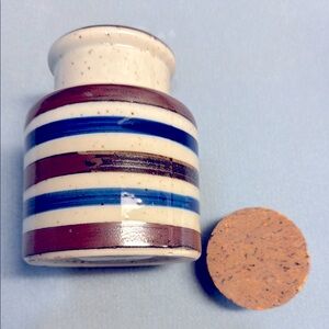 Striped blue and cream small stoneware Jar with Cork Lid 1970's